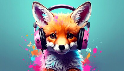 3D style baby fox wearing headphones and listening to music 
