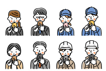 スマートフォンを操作する仕事着の人物のイラストセット