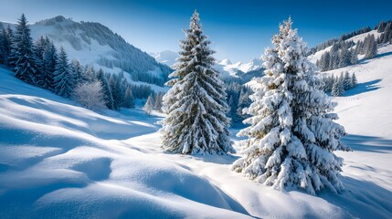 Fototapeta premium Snowy fir trees on a winter landscape.