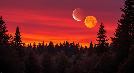 A stunning celestial display showcasing a partial lunar eclipse and a full moon over a forested landscape.