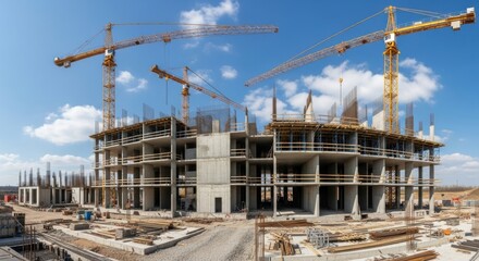 Towering Yellow Cranes Oversee Multi-Story Concrete Building Construction Under Bright Blue Sky