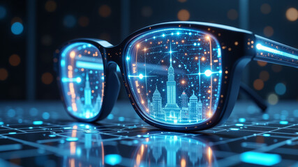 Futuristic eyeglasses with holographic data interface reflections