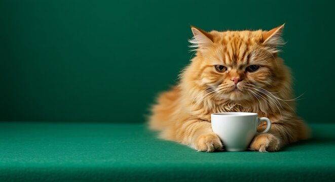 A fluffy Persian cat holding a small cup on a green background. A cute, sleepy, tired, and tousled orange cat holding a small cup, exhausted in the morning. I hate the concept of Mondays.