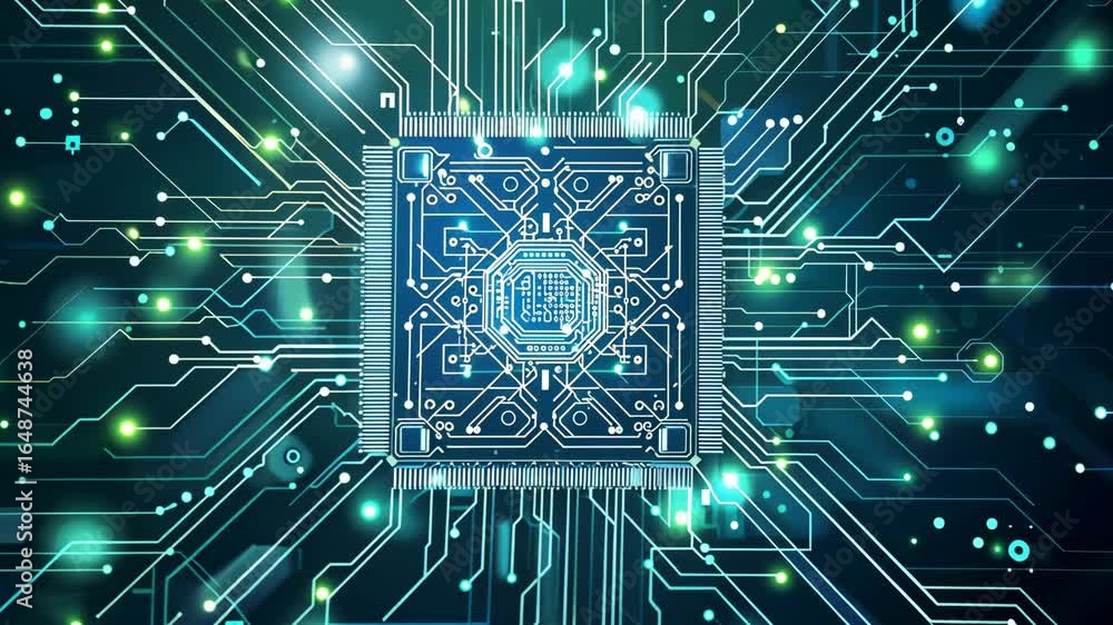Poster digital electronics ai chip, thin circuit tech vector