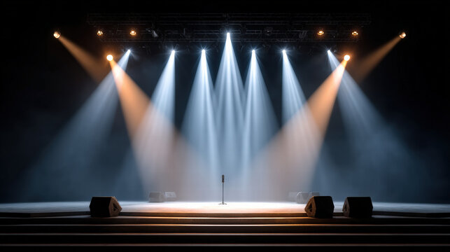 Stage spotlight microphone empty dramatic performance concert theater Empty stage with dramatic