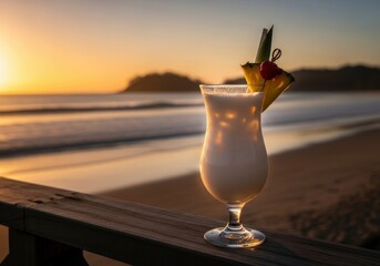 Brazilian batida de coco cocktail with pineapple garnish on a beach bar at a golden sunset