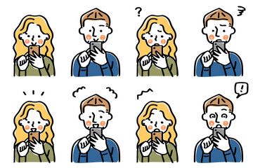 スマートフォンを操作する海外の人物のイラストセット