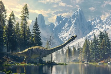 Majestic dinosaur in a fantasy landscape. AI generated, human enhanced