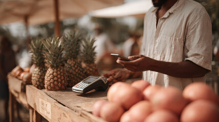 Man mobile payment street fruit market pineapple grapefruit
