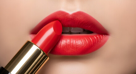 Obraz premium Lipstick bullet in a bold red hue, partially applied on smooth model lips