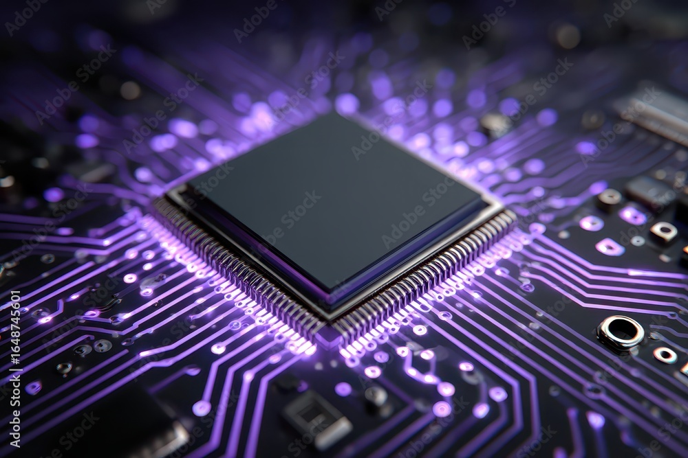 Poster a computer chip glows purple on a circuit board background in close up. use it for technology, compu