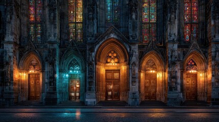 Illuminated gothic cathedral facade at night