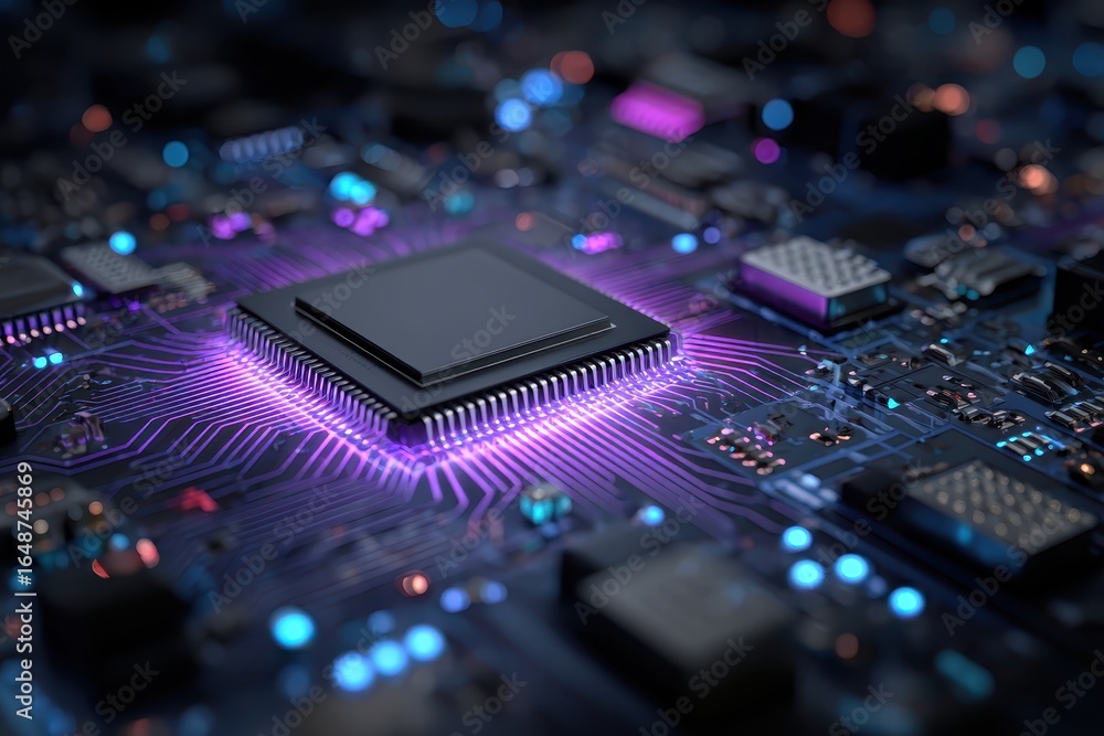 Poster close-up of a modern cpu chip with complex circuit patterns and neon purple glow. ideal for illustra