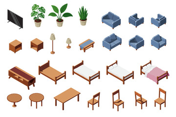 Isometric home furniture. Isometric interior elements set. Sofas, chairs, potted plants, tables, lamps, cabinets and beds