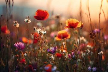 Obraz premium Beautiful summer meadow with colorful wildflowers at sunset poppy outdoors blossoms.