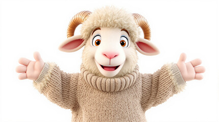 Cute 3D Ram Character in Sweater with Open Arms, Welcoming Pose