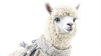 Charming Fluffy White Alpaca Wearing Cozy Knitted Scarf, Isolated on White Background with Gentle Smile