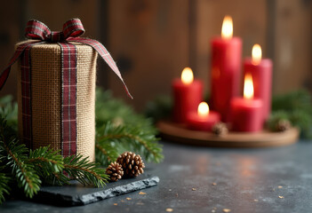Rustic christmas gift wrapping with candles and pine cones decoration