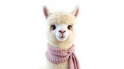 Adorable Fluffy Alpaca Wearing Pink Scarf, Isolated on White Background