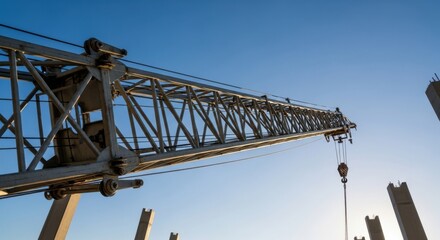 Construction Crane Boom and Concrete Pillars Against Clear Blue Sky