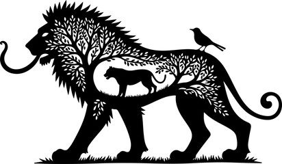 Obraz premium Lion and Trees Silhouette Line Art | Black and White Vector Illustration