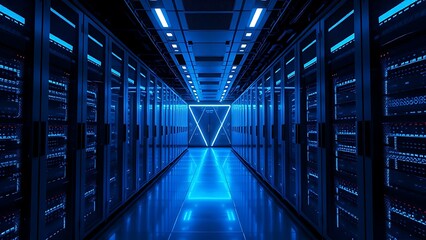 Futuristic server room corridor illuminated by blue LED lights, creating geometric light trails.
