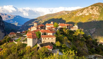 Obraz premium Landscape view of a picturesque European mountain village with a church and houses, overlooking the sea