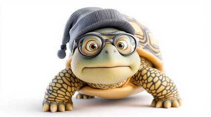 Adorable 3D Cartoon Tortoise with Glasses and Sleep Cap