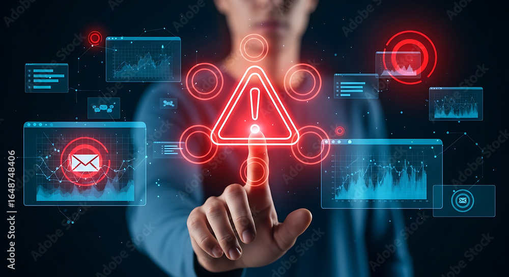 Poster person interacting with digital interfaces displaying a red warning sign and data charts online