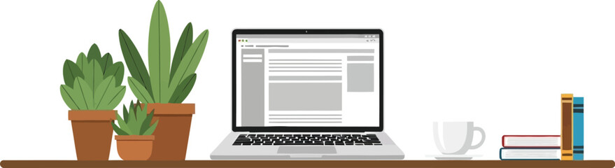 Obraz premium Modern workspace setup with laptop, plants, coffee, and books for productivity