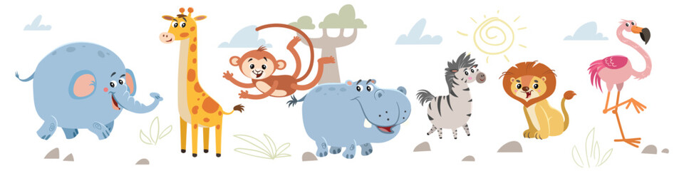 African animals in cartoon childish style collection. Set of adorable Elephant, Giraffe, Zebra, Monkey, Hippopotamus, Lion and Flamingo on light savanna background. Vector illustration.