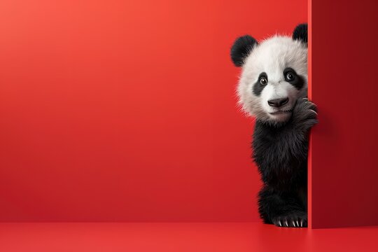Panda cautiously peeks around a corner against a red background created with Generative AI technology. Copy space.