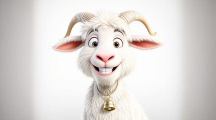Smiling White Cartoon Goat with Bell, Cute 3D Animal Character on White Background