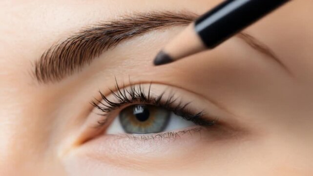 Eyeliner application close up beauty shot of a womans eye with makeup pencil