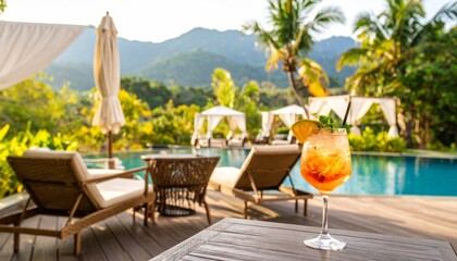 Obraz premium Sipping a refreshing tropical cocktail while relaxing in a chair by the beach, surrounded by a paradise of palm trees and the clear blue ocean