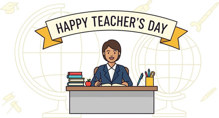 Smiling teacher at desk celebrating Happy Teacher's Day with books and globe