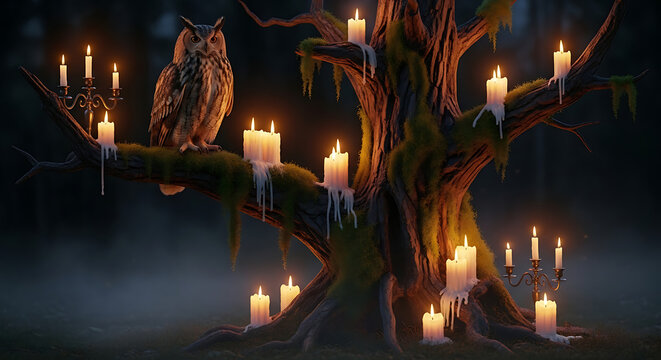 An owl perched on a tree branch adorned with candles in a dimly lit and mysterious atmosphere ai generated - Powered by Adobe