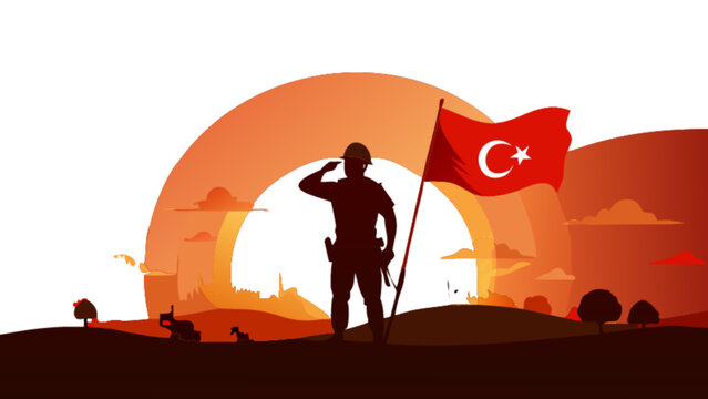 Turkish soldier silhouette saluting with flag for zafer bayrami victory day celebration symbol design
