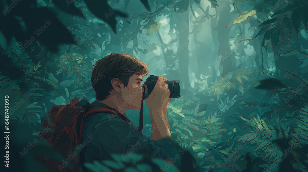 Poster man with backpack taking a picture in a lush green forest with camera in hand and focused expression