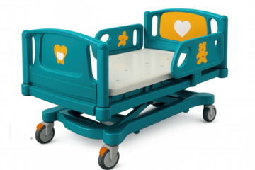Pediatric hospital bed featuring safety rails, colorful accents, ready for young patient care, positioned on transparent background with medical setting
