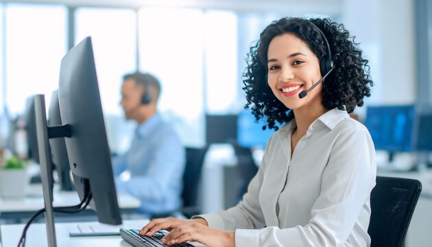 Young female call center representative smiling while talking through a headset, sitting at her desk in a bright modern office.