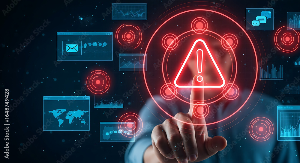 Poster a person touching a red warning sign surrounded by digital interfaces and data visualizations on scr