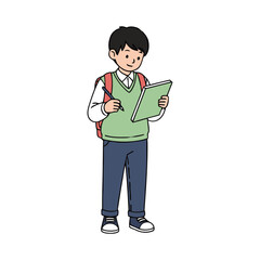 An illustrated young boy in a school uniform with a backpack, standing and writing in a notebook.