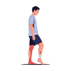 Profile view of an injured young man with a bandaged ankle and scraped shin looking down sadly.