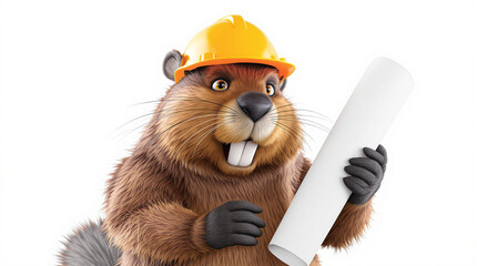 3D Cartoon Beaver Builder in Hard Hat Holding Blueprint Plans on White Background