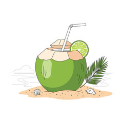 A refreshing green coconut drink with a straw and lime slice sits on a sandy beach with seashells and a palm leaf.