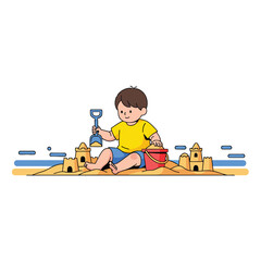 A young boy in a yellow shirt builds sandcastles on the beach with a shovel and bucket.