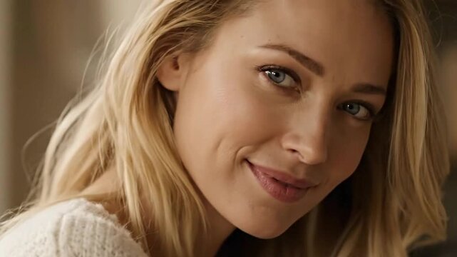 A blonde woman with blue eyes smiles into the camera highlighting her fair complexion