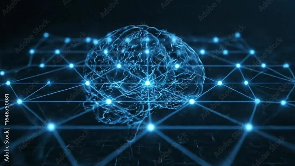 Aufkleber a blue network with a brainlike structure in the center set against a dark background