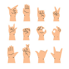 Fototapeta premium Flat modern style hands showcasing a variety of fun and expressive gestures. Creative cartoon design. Vector illustrations isolated on white background. 